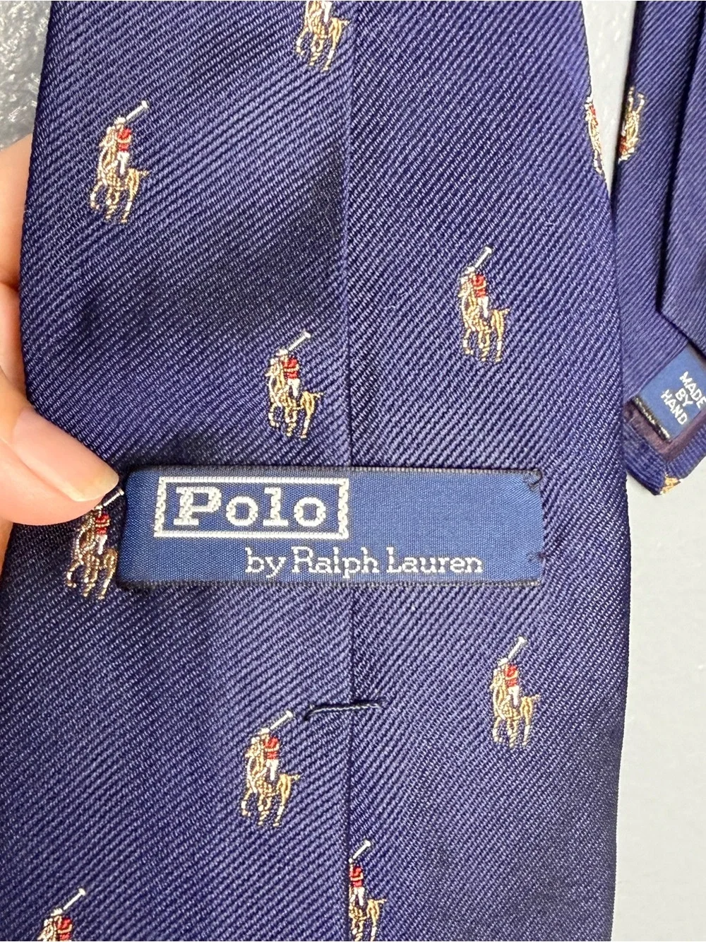 Ralph Lauren Navy Silk Tie with Polo Poney Player Motif Hand Made